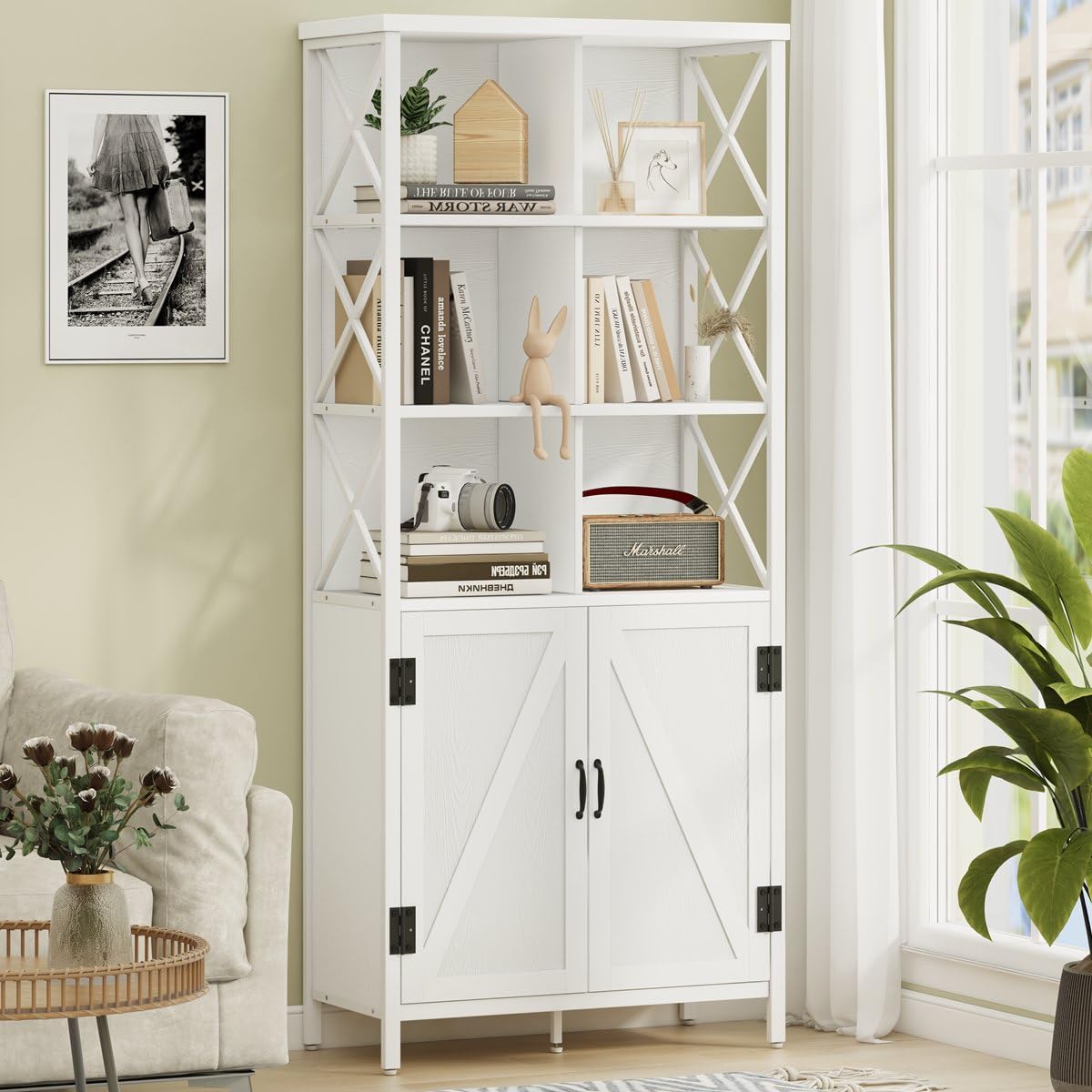 FATORRI Tall Bookshelf and Bookcase, Industrial Bookshelf with Doors, Bookcase with Storage, Cube Storage Organizer Bookshelves, Wood Book Shelf for Living Room, Home Office (White Oak, 67 Inch)