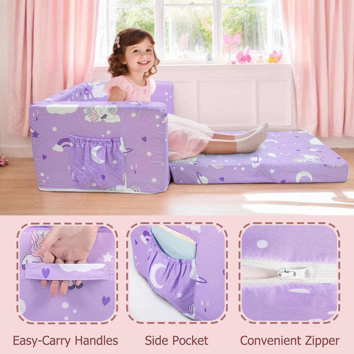 Kids Couch, 2-in-1 Kids Fold Out Sofa, Convertible Toddler Couch to Lounger for Girls and Boys, Soft Toddler Chairs Comfy 1-3 Years Old(New Unicorn)