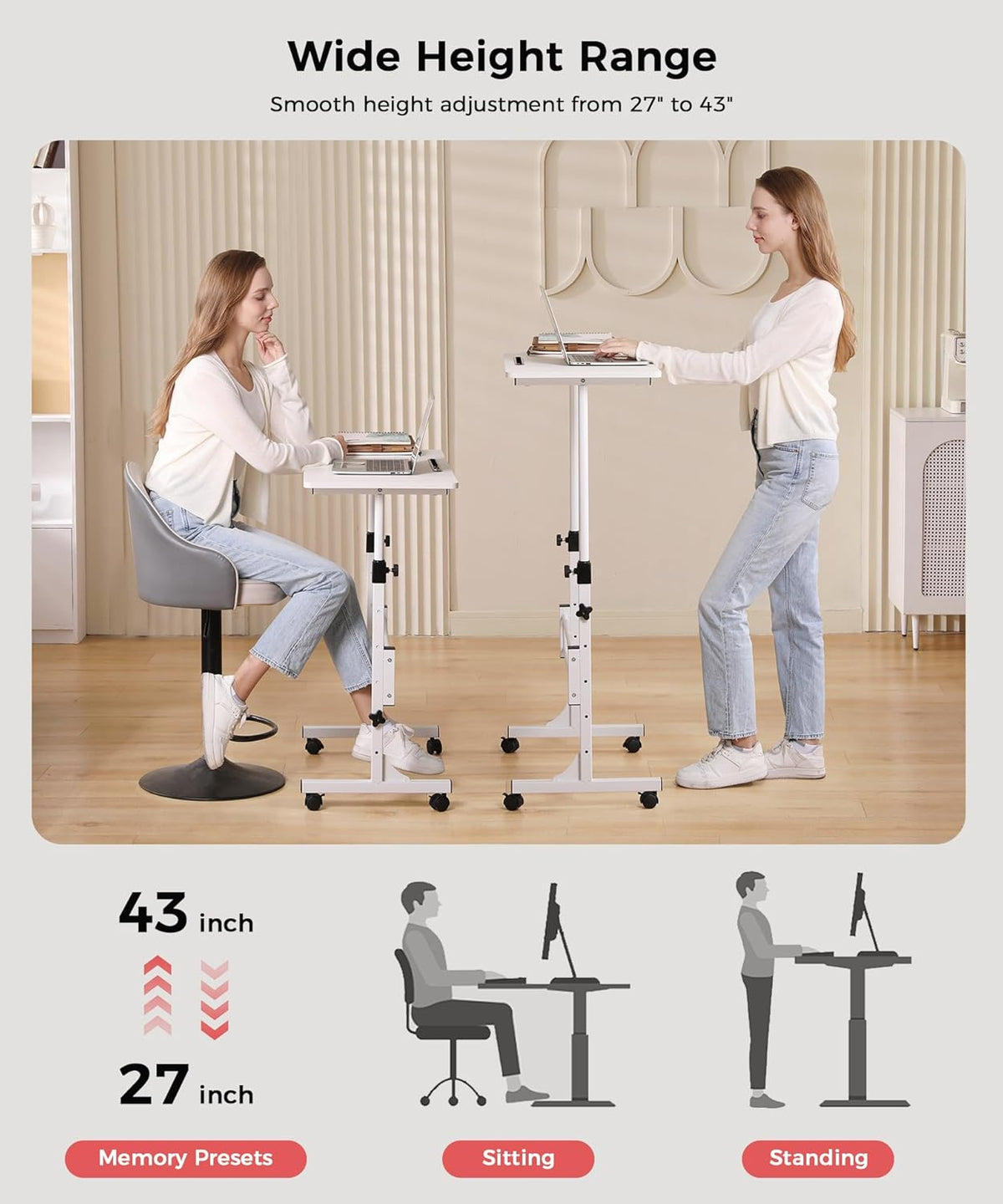 KLSMYHOKI Standing Desk Adjustable Height, Mobile Stand Up Desk with Wheels Small Computer Desk Rolling Desks, Portable Laptop Desk White Standing Table Home Office Desks 16"x31.5" Height 27"-43.5"