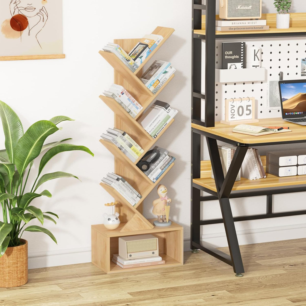 9 Tier Tree Bookshelf,Christmas Green Bookcase for Narrow Space, Storage Organizer Floor Standing Bookshelves for Books, Tall Book Case for Home Office, Living Room, Bedroom