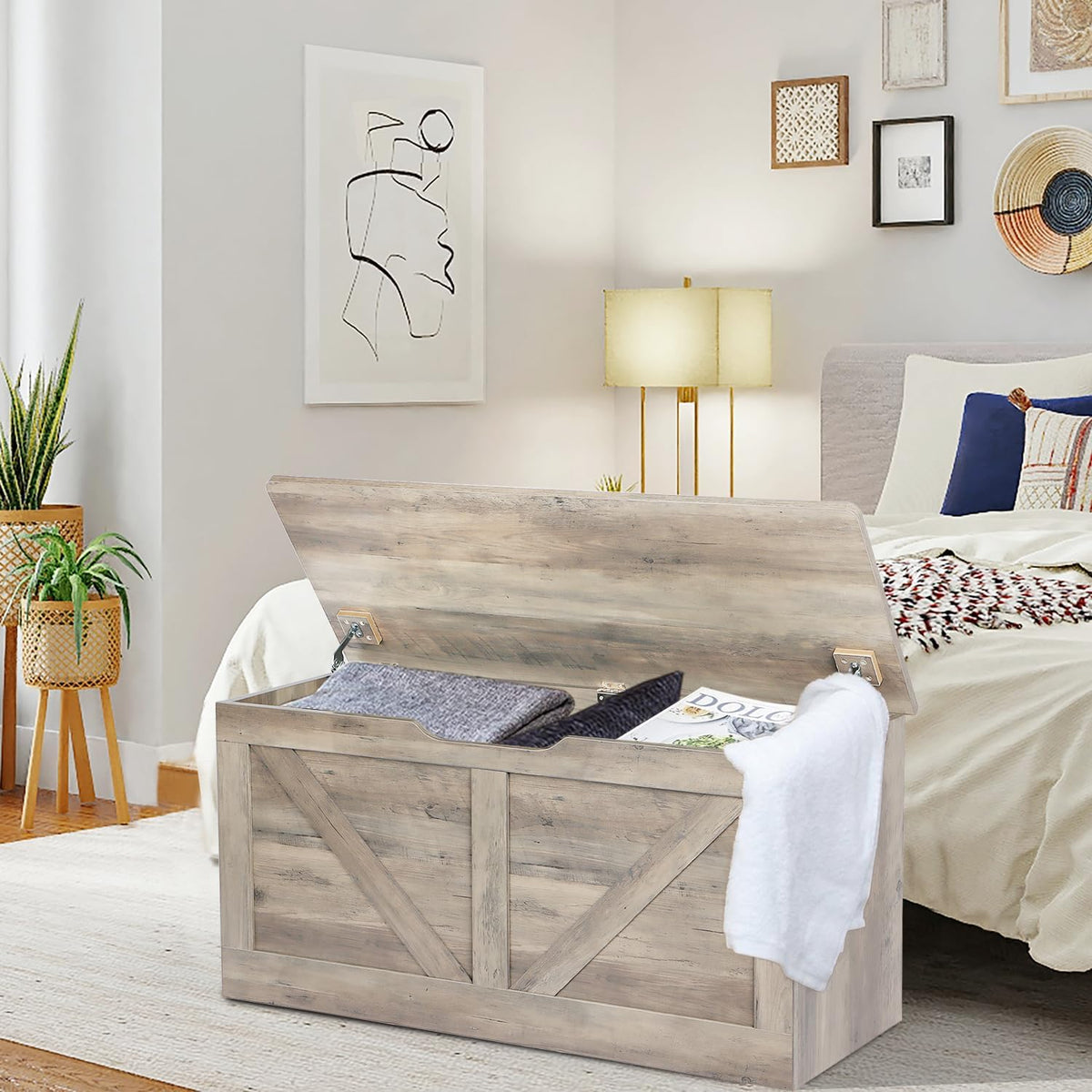 39.4" Storage Chest, Wooden Storage Bench, Large Storage Trunk with 2 Safety Hinges, Entryway Shoes Bench for Living Room, Bedroom, Grey