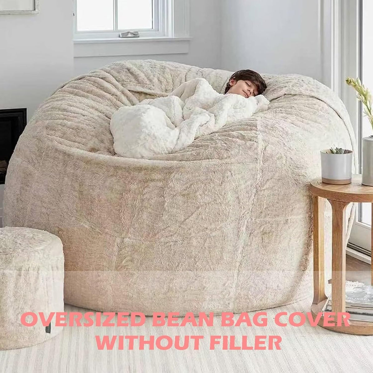 BCU Oversized Bean Bag Cover Comfy Beanbag Chair for Adults Without Filler Faux Fur Lazy Sofa Cover for Living Room Chairs, Purple, 5FT