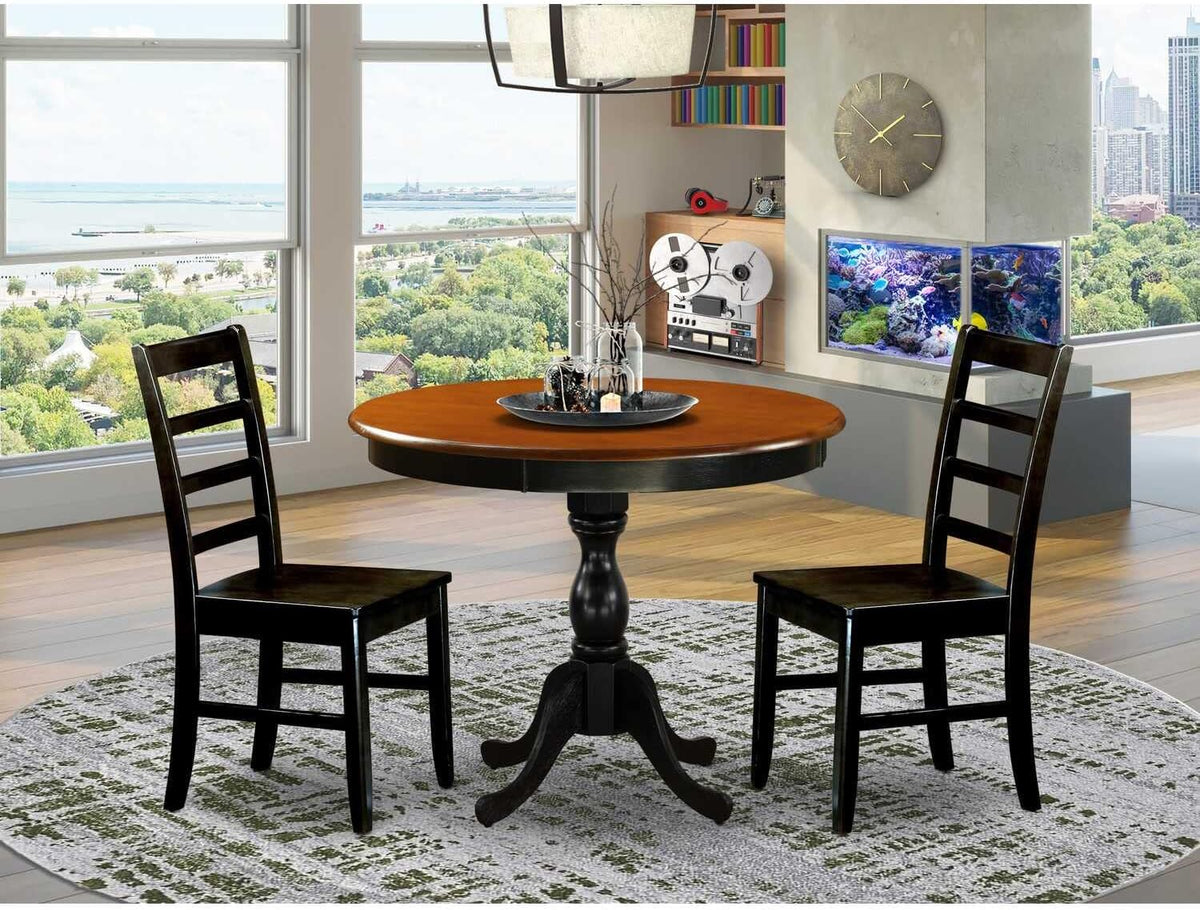 East West Furniture AMPF3-BCH-W 3 Piece Dining Table Set for Small Spaces Contains a Round Kitchen Table with Pedestal and 2 Dining Room Chairs, 36x36 Inch, Black & Cherry
