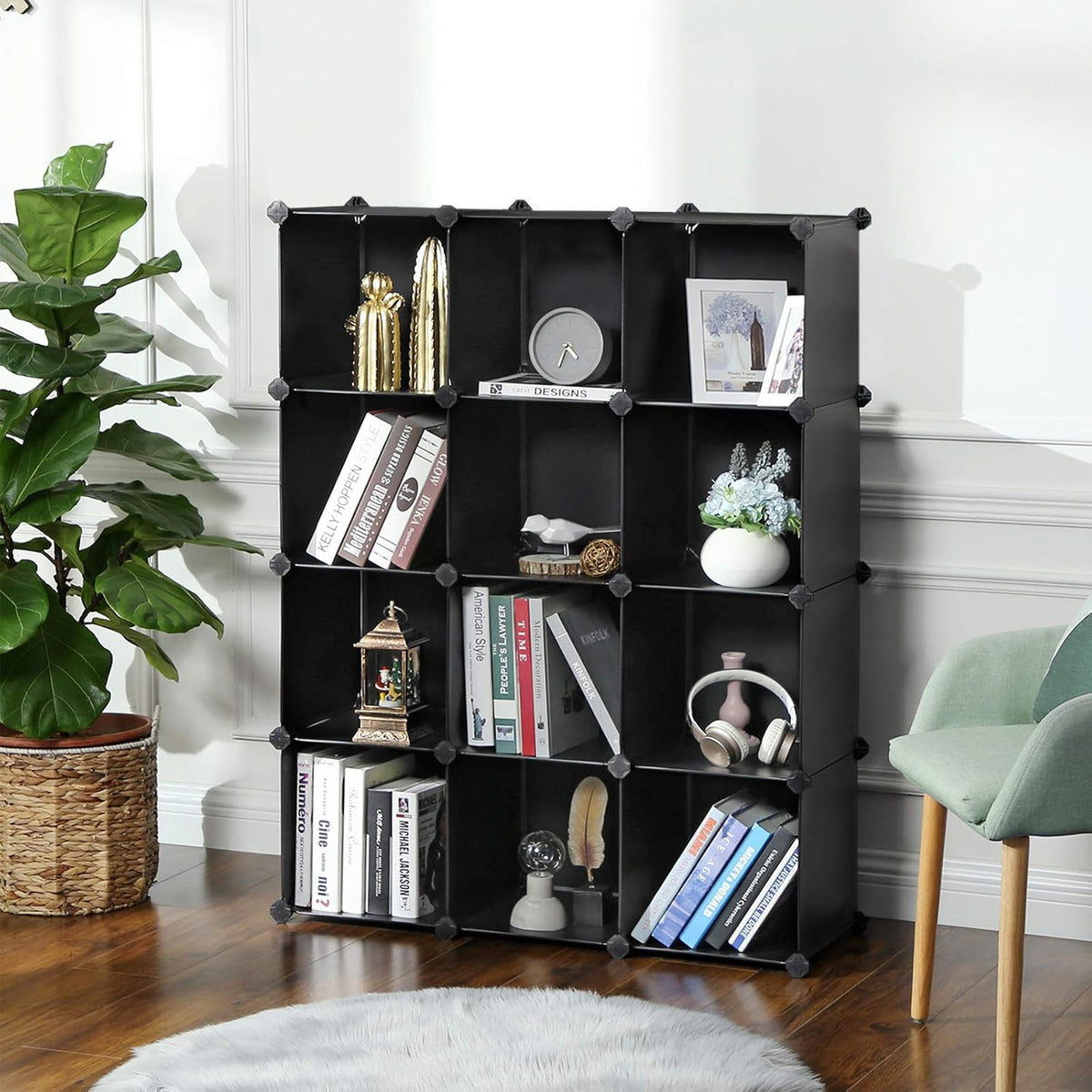 SONGMICS Cube Storage Organizer, Set of 12 Plastic Cubes, Book Shelf, Closet Organizers and Storage, Room Organization, Bedroom Living Room, 12.2 x 36.6 x 48.4 Inches, Black ULPC34BK