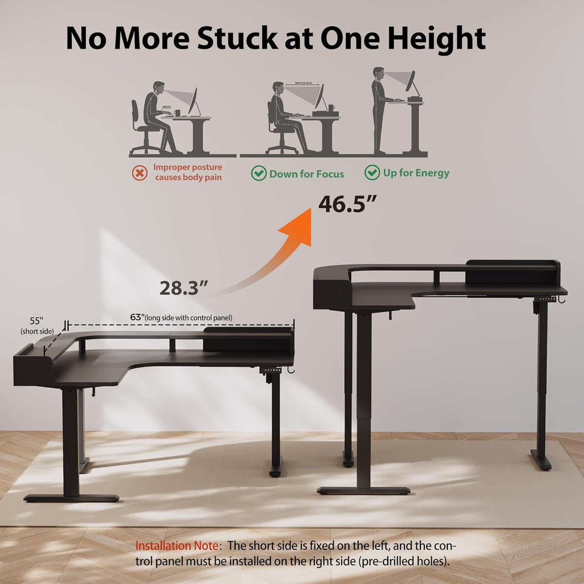 Agilestic L Shaped Standing Desk, Corner Desk with Monitor Shelf, Adjustable Height Gaming Table, Sit Stand Up Table, 63 x 55 Inch Home Office Computer Workstation, Splice Board, Black