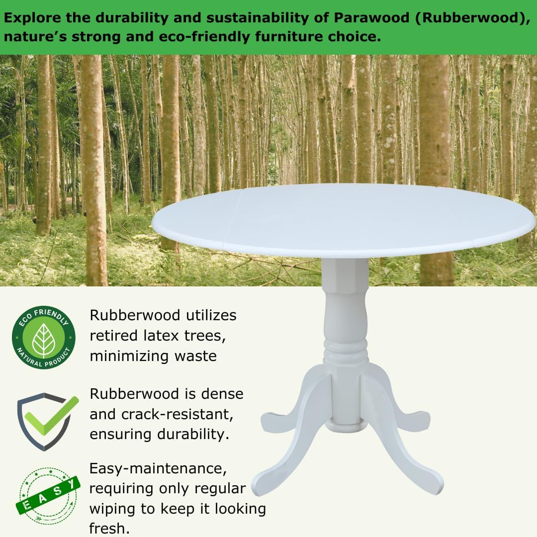 IC International Concepts, 42" Round Dual Drop Leaf Pedestal Dining Table, Solid Real Wood, Sturdy Parawood, White