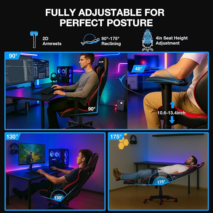Douxlife Computer Gaming Chair with Footrest, Height Adjustable Game Chair for Adults 360°-Swivel Seat and Headrest and for Office or Gaming, Racing Style Black Red