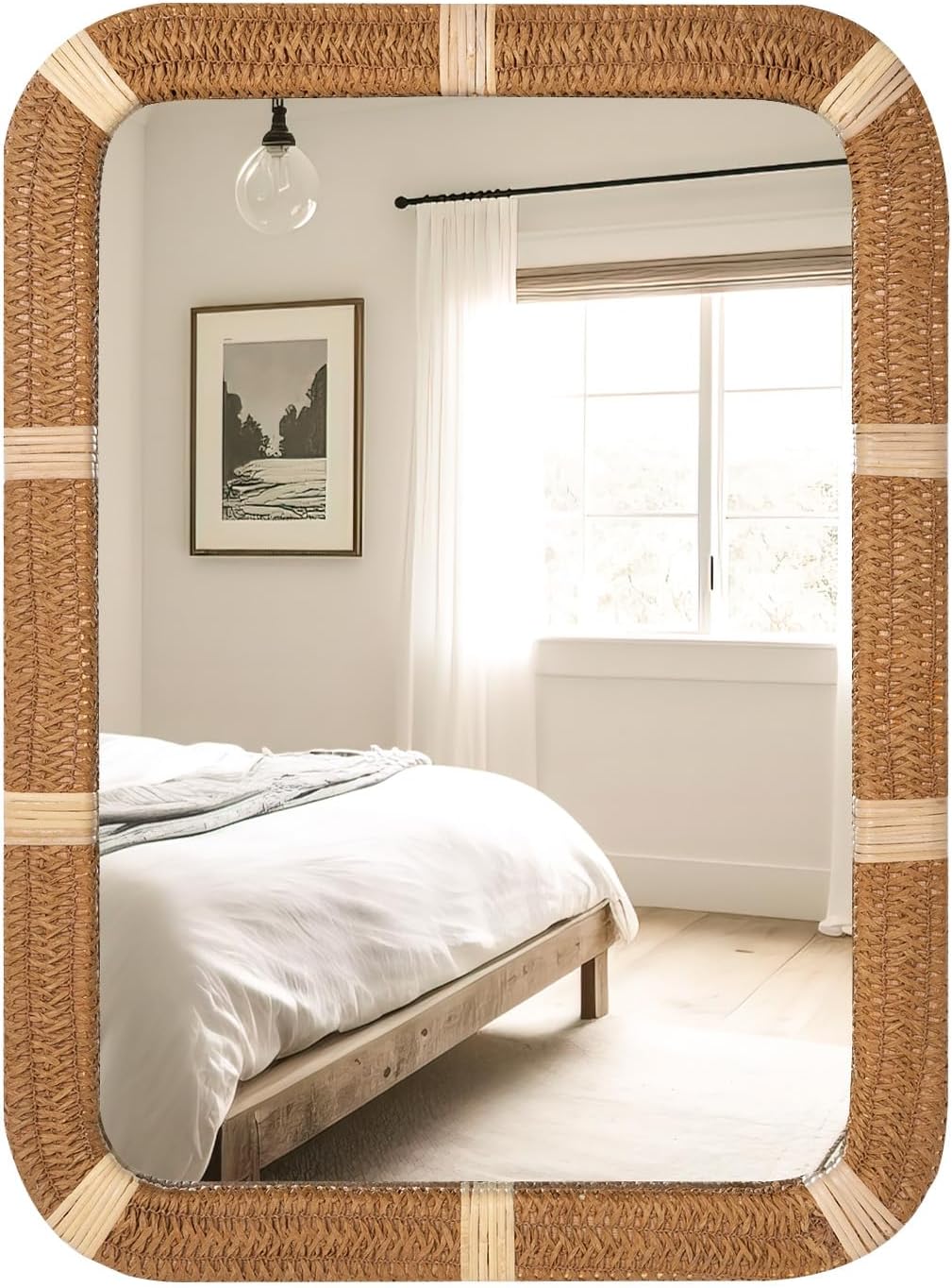 ULIKE Rectangle Rattan Wall Mirror, 22x30 Inch Rustic Farmhouse Wall Decor with Wicker Frame, Boho Mirror for Nursery Bathroom Bedroom Living Room Entryway