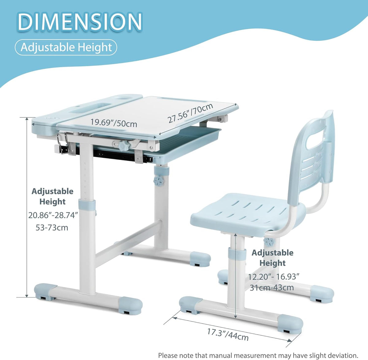 Rengue Kids Desk and Chair Set Height Adjustable School Study Desk and Chair with 55° Tiltable Desktop, 3 Modes &3 Brightness LED Lamps, Storage Drawer and Metal Hook for Boys Girls Gifts (Blue)