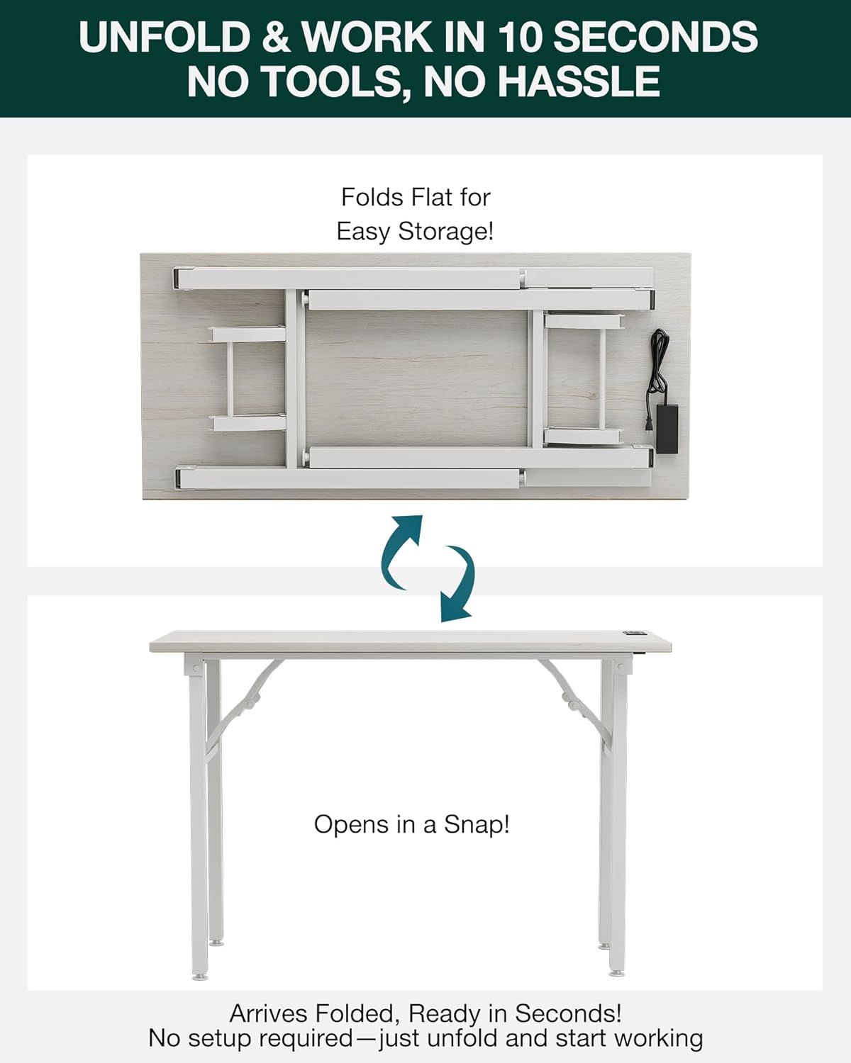 Frylr Small Folding Computer Desk – 43.3 Inch Portable Table for Craft and Study, Lightweight Desk for Small Spaces, Foldable Laptop Table Built-in AC/USB Outlets for Convenience, White Ash