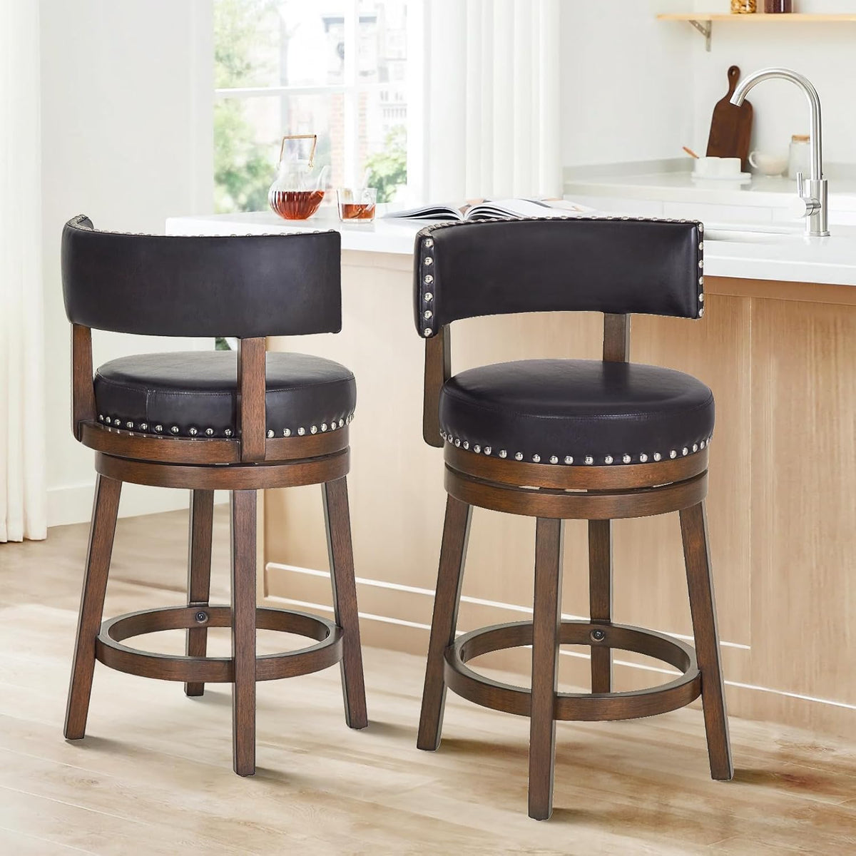 COLAMY Swivel Bar Stools Set of 2, Swivel Counter Height Barstools, 25 Inch Upholstered Barstools for Kitchen Island Dining Room Bar, Dark Brown