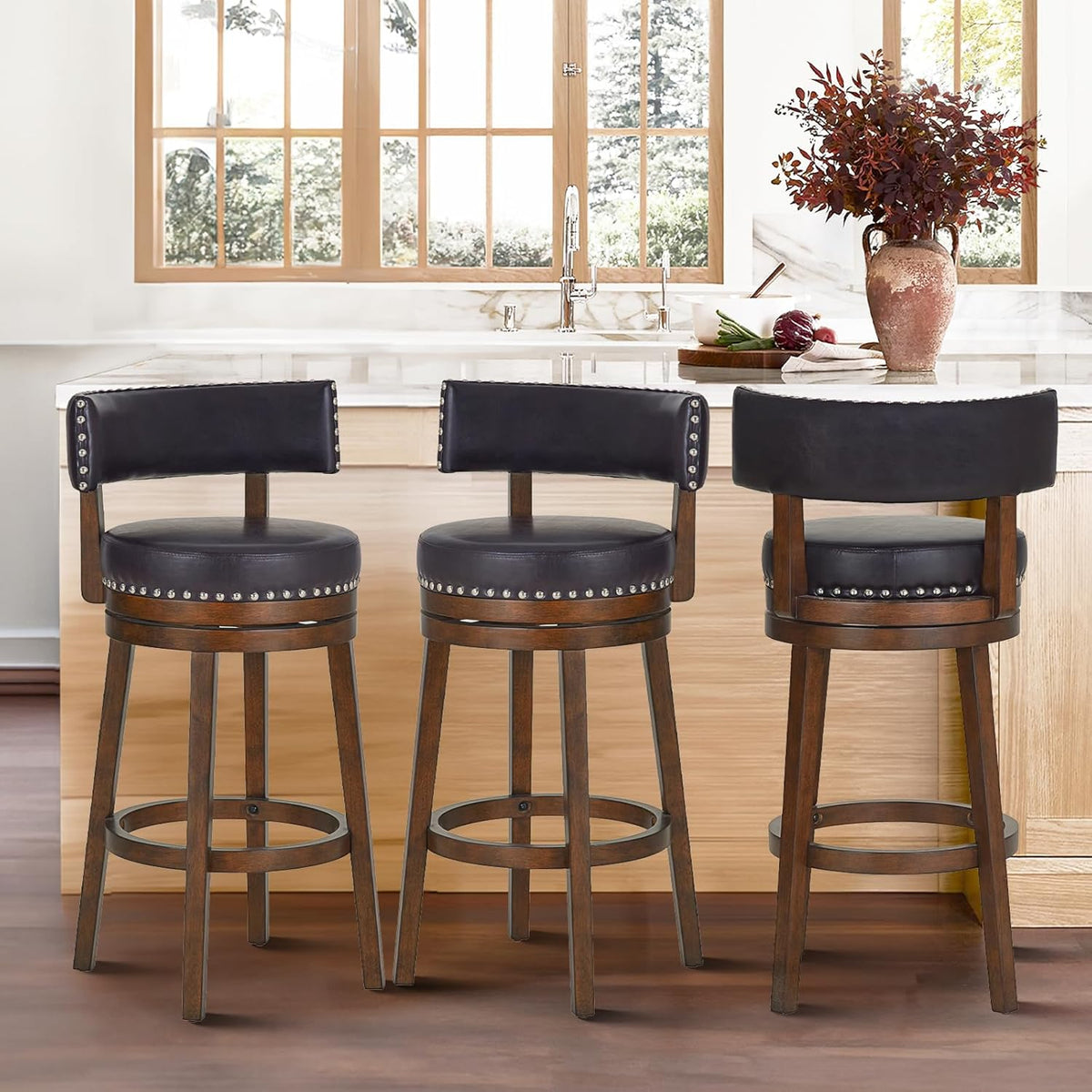 COLAMY Swivel Counter Height Bar Stools Set of 3, 30 Inch Modern Upholstered Kitchen Island Barstools with Back, Wood Swivel Bar Chairs for Counter Bar Dining Room, Dark Brown