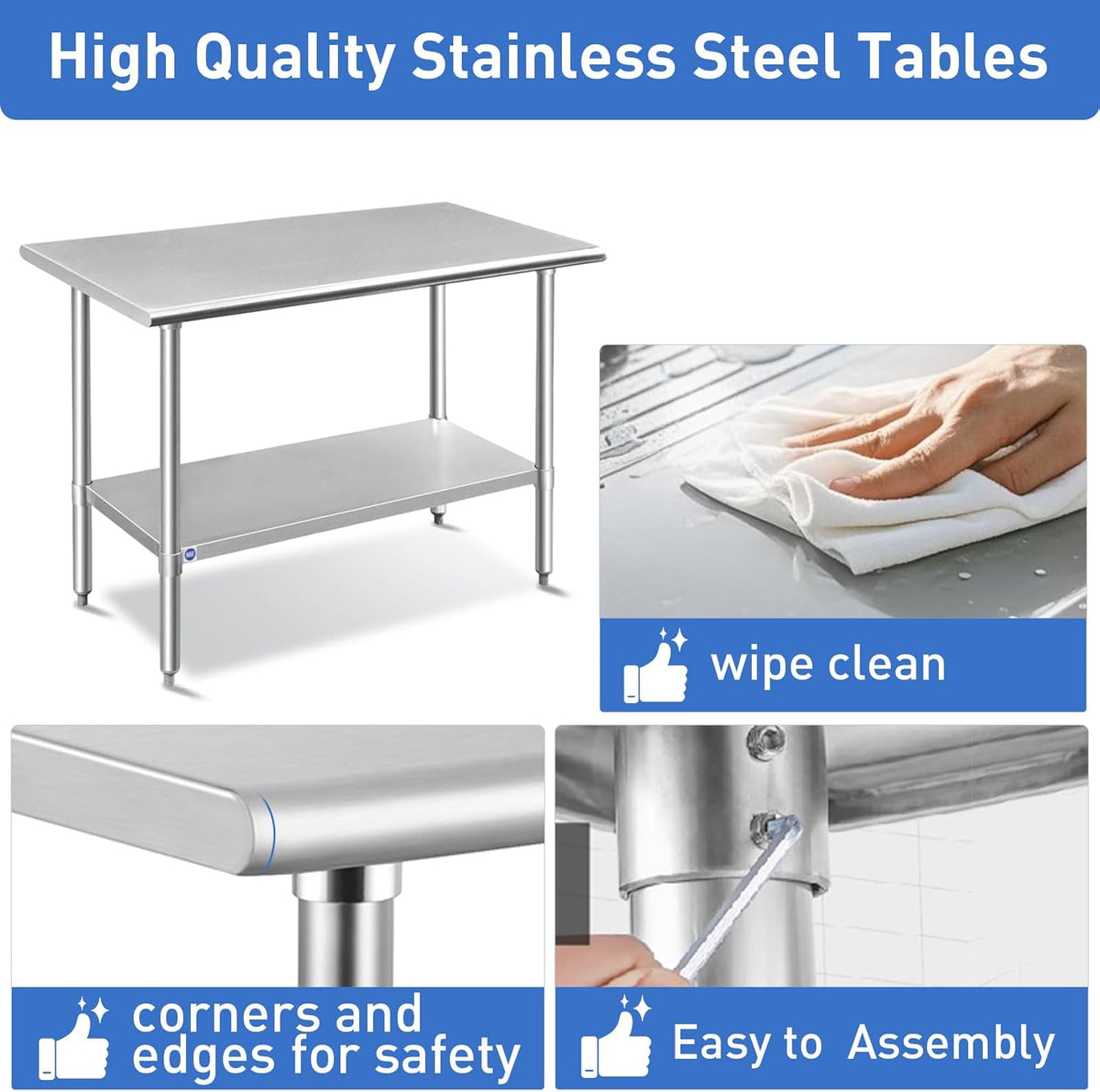 ROCKPOINT Stainless Steel Table for Prep & Work 18x48 Inches, NSF Metal Commercial Kitchen Heavy Duty Table with Adjustable Under Shelf and Table Foot for Restaurant, Home and Hotel