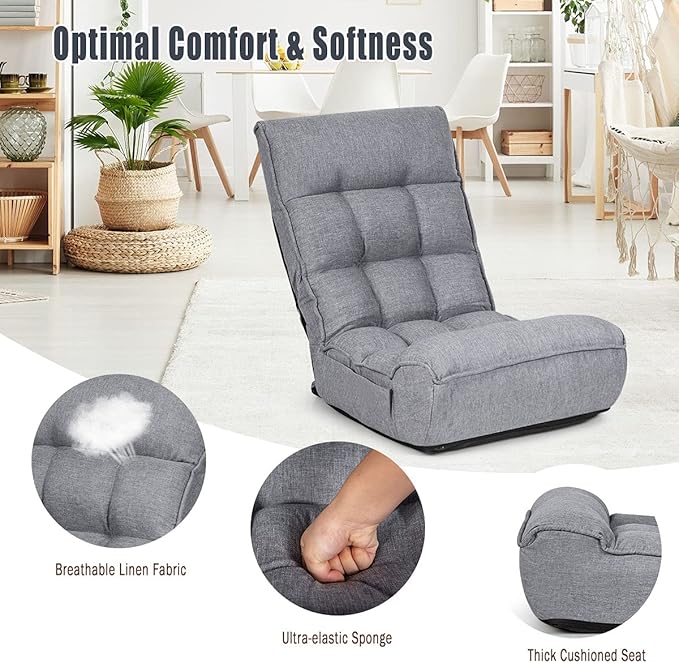 DORTALA Foldable Floor Chair for Adults, Memory Foam Floor Gaming Banana Chair w/ 5-Position Adjustable Head and Back Support for Bedroom, Living Room, Gaming Room, Grey