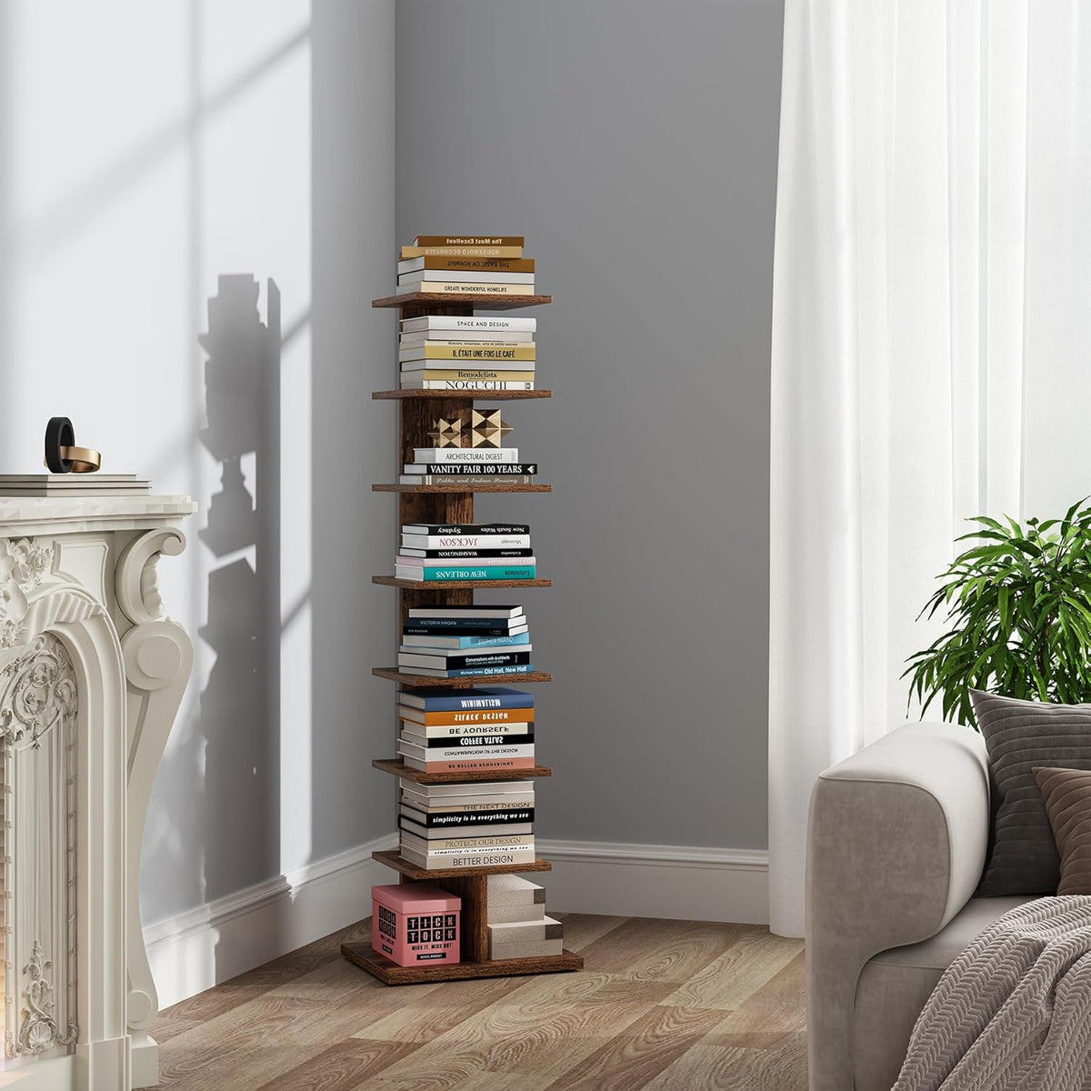 TUTOTAK Narrow Bookshelf, 8-Tier Bookcase, Spine Book Shelf for Small Space, Corner Standing Shelf for Living Room, Office, Study, Entryway, Rustic Brown BS06BB008