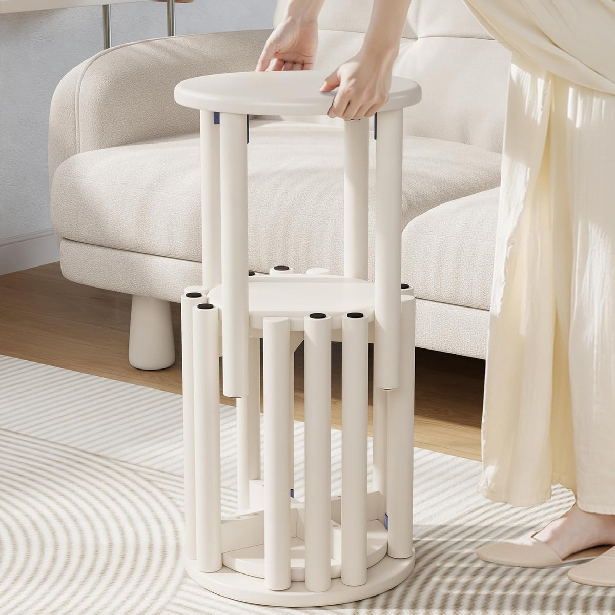 Stackable Stools Set of 4, Wood Stool 18 Inch Stool Stackable Side Tables Nesting Table Sturdy and Durable, No Installation Required for End Table,Top Stackable Round Stools(White Barstool)