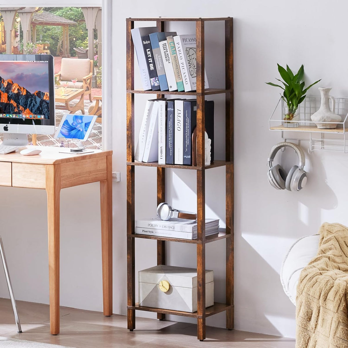 54in Tall Bookshelf 5-Tier Small Narrow Bookcase, Skinny Book Shelf for Small Space, Farmhouse Slim Shelf with Storage, Wood Freestanding Display Thin Bookshelves for Living Room, Office, Brown
