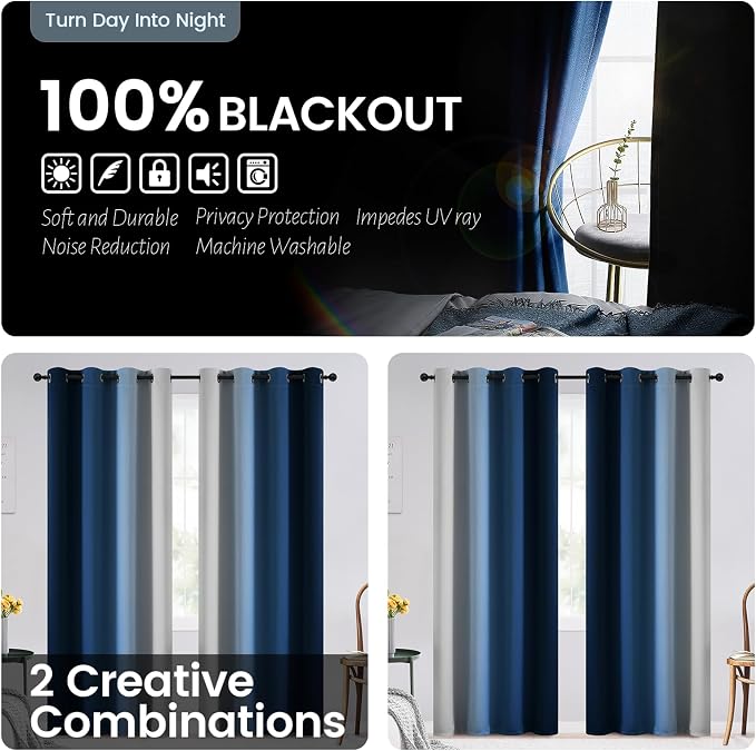 SimpleHome Blue Ombre 100% Blackout Curtains