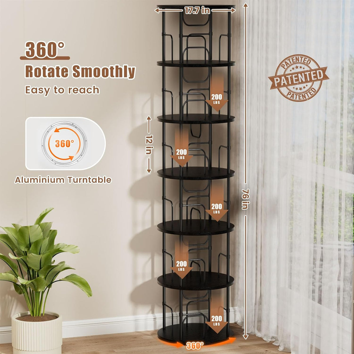 6 Tier Rotating Bookshelf, 360 ° Display Stackable Spinning Bookshelf Tower, Corner Bookshelf Tall Floor Standing Swivel Bookcase Narrow Storage Organizer for Bedroom, Living Room, Black