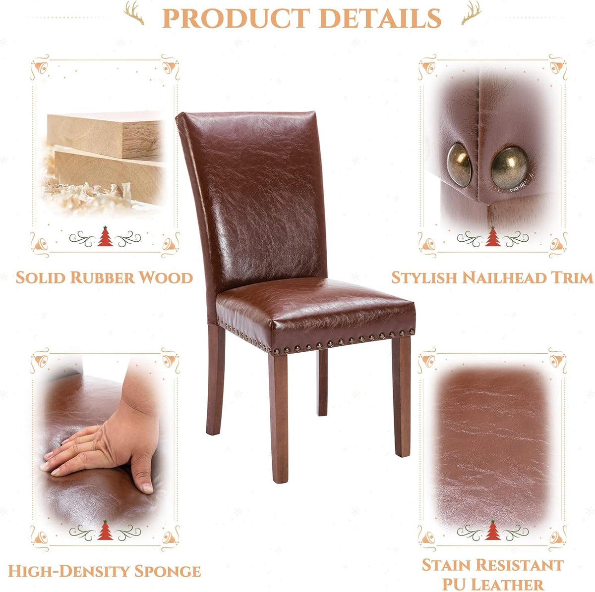Parsons Dining Chairs Set of 6, Upholstered Nailhead PU Leather Dining Room Kitchen Side Chair with Thick Cushions and Wood Legs, Light Brown