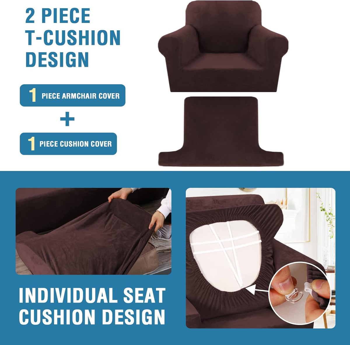 H.VERSAILTEX Sofa Cover 2 Piece T Cushion Armchair Slipcovers Thick Velvet Couch Cover Furniture Protector Stretch T Cushion Sofa Covers for 1 Cushion Couch with 1 Individual T Cushion Covers, Brown