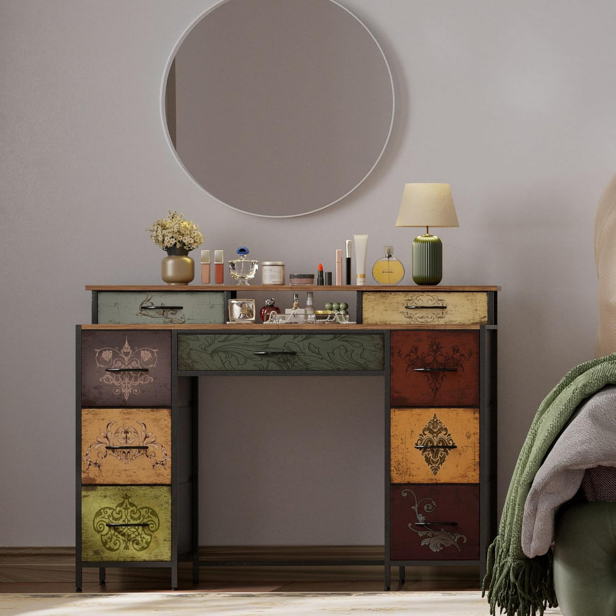 Dresser for Bedroom with 9 Drawers & 2 Open Shelves, Fabric Storage Cabinet, Chest of Drawers, Long Dresser for Closet, Wooden Top & Metal Frame, Pattern