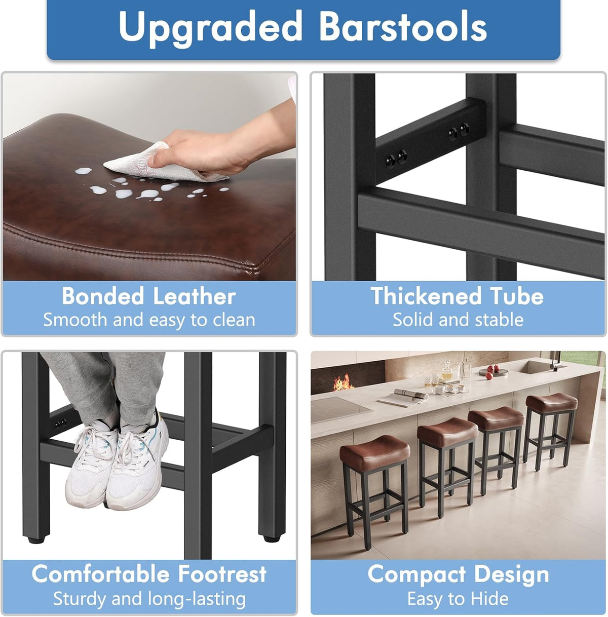29 Inch Bar Height Bar Stools Set of 2, 29" Barstools for Kitchen Island Counter, Backless Bonded Leather Bar Height Stools with Thick Saddle Seats & Heavy Duty Metal Base, Easy Assembly, Brown/Black