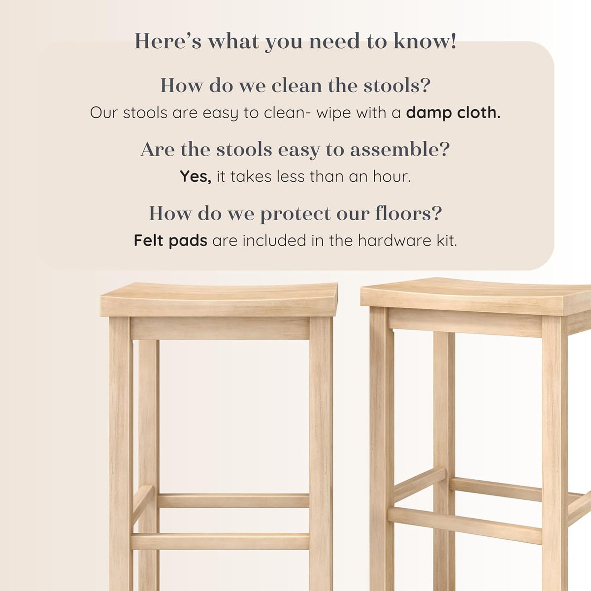 Grain & Grove Smith Collection Set of 2 Solid Wood Bar Stools, 30 inch Saddle-Seat Bar Chairs, Backless, Heavy-Duty Construction, Footrest Support, for Kitchen Islands, Home Bars, and Counters, Blonde