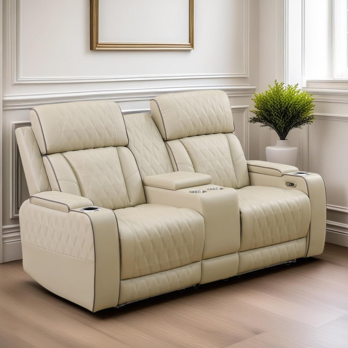 Loveseat Recliner Sofa, Reclining Loveseat Leather Couch with Storage Console, Modern Comfy Home Theater Seating Power Recliner Chair with Cup Holders for Living Room Furniture Sets, Khaki