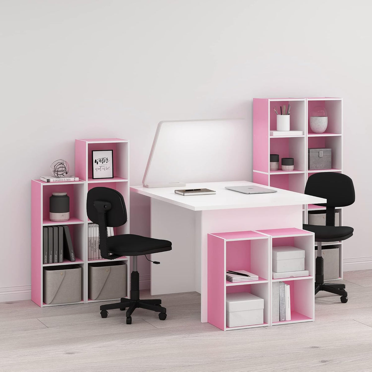Furinno Luder Bookcase / Book / Storage, 5-Tier Cube, Pink/White