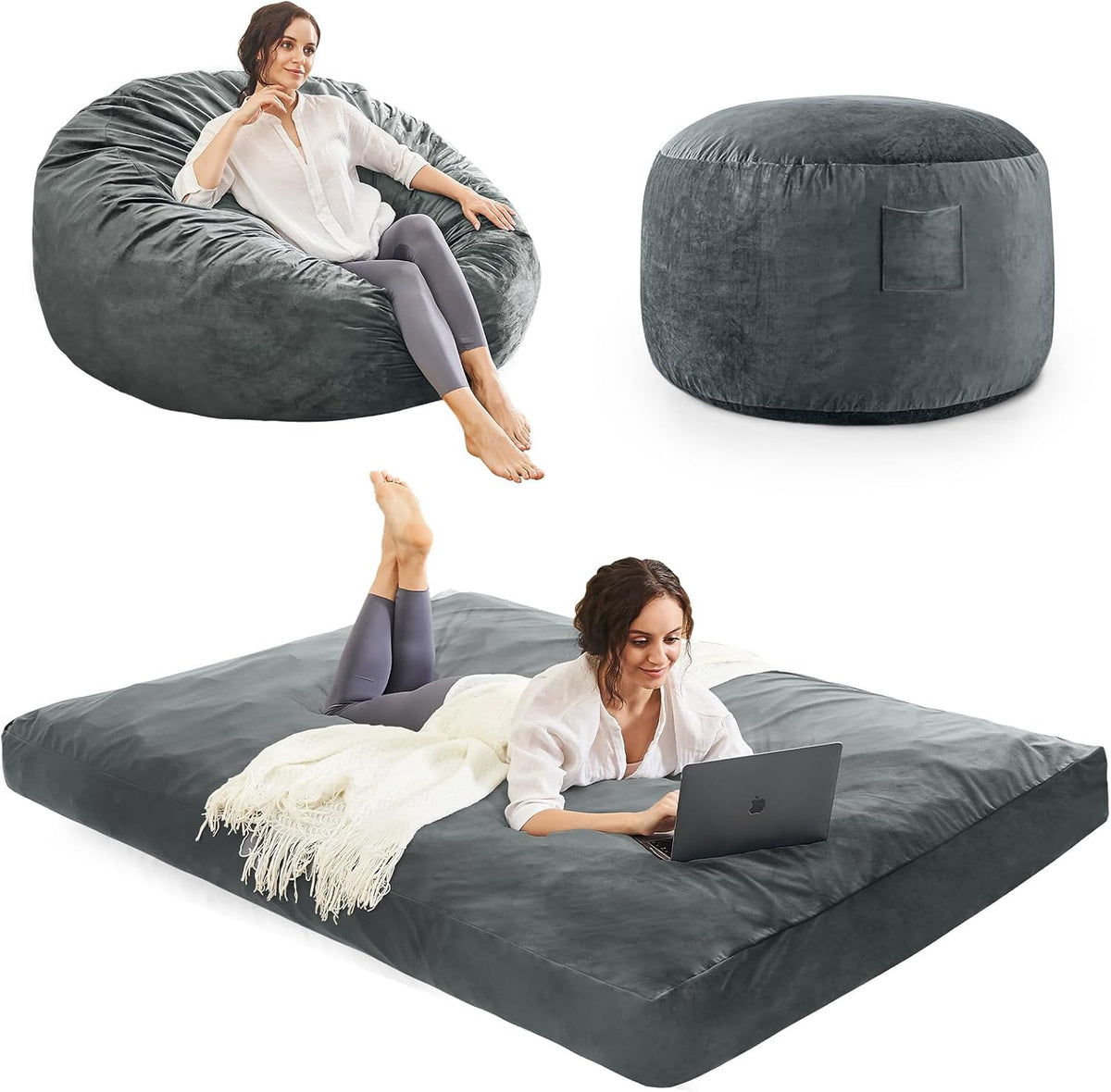 Bean Bag Chairs for Teens - Bean Bag Chair Convertible Bean Bag Bed - Small Beanbag Chair with Micro Fiber Cover/Furniture Foam Filler - Floor Couch Sofa in Bedroom Dorm Room - Youth Charcoal