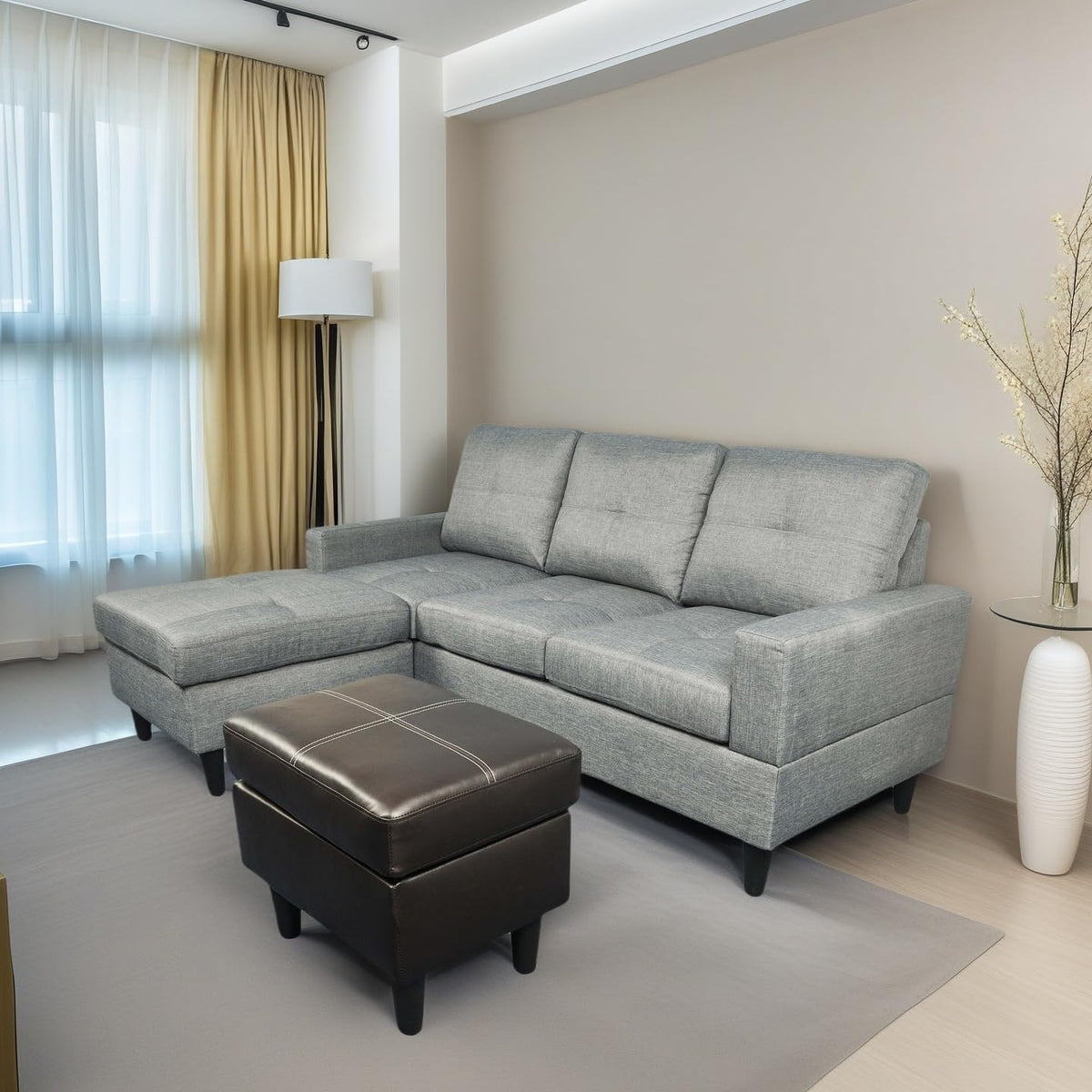 L Shaped Sofa with Ottoman, Modern Faux Leather Couch with Chaise, 3 Seat Living Room Sofa Set with Solid Wood, for Home, Apartment, Study Room, Brown Grey