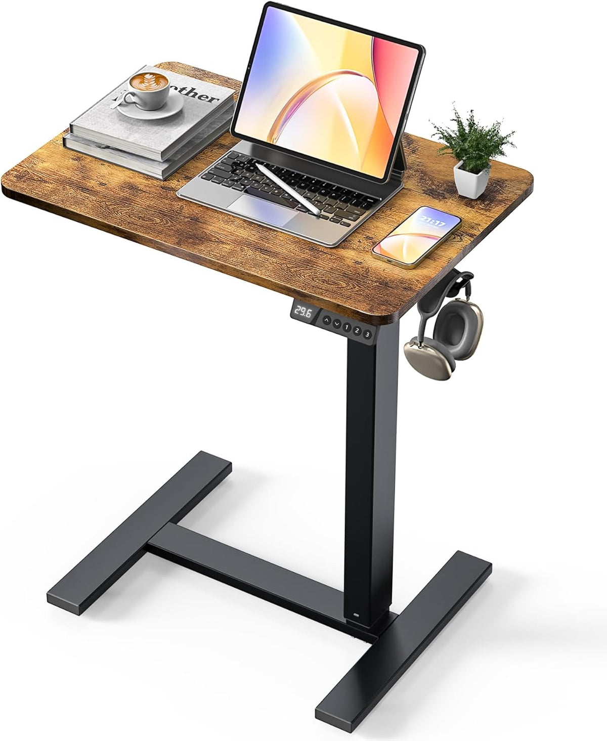 Electric Adjustable Height Standing Desk - Small Sit Stand Portable Rolling Laptop Table with Hidden Wheels, Small Computer Workstation for Bedside & Home Office Use (24"x16",Rustic Brown)