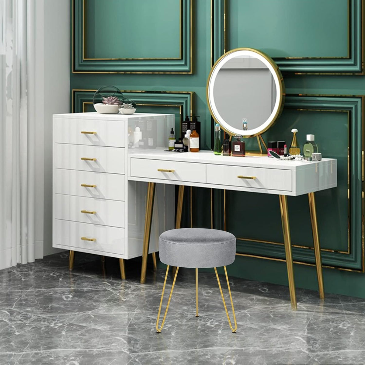 GERANT Multifunctional Vanity Stools - Velvet Round Ottoman Modern Dressing Stool -Upholstered Footrest Stool - Side Table Footstool with Golden Metal Leg for Living Room, Bedroom (Gray)