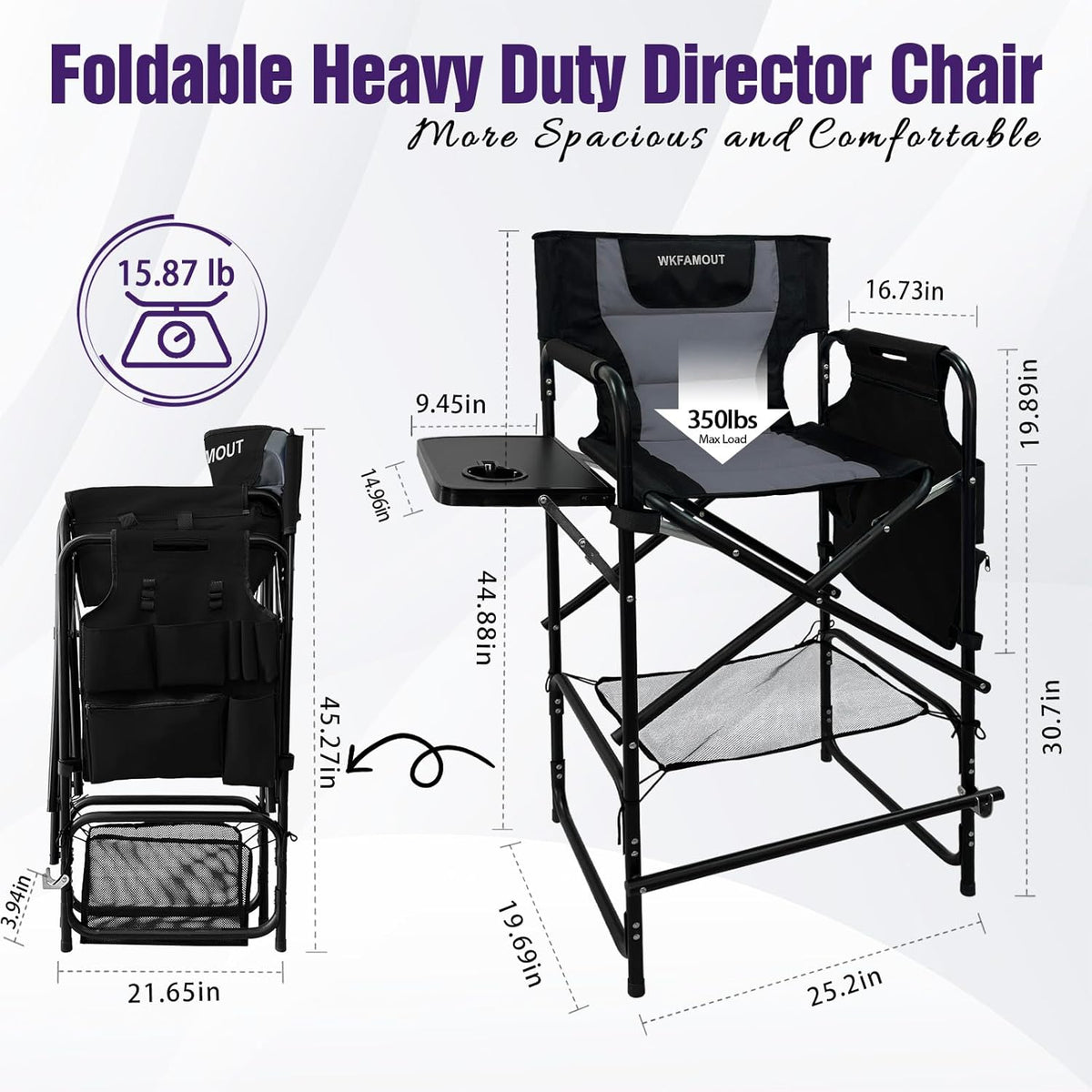 Tall Folding Directors Chair with Side Table 30.71" Seat Height Foldable Camping Chair Bar Stool for Makeup Artist Face Painting with Footrest and Storage Pocket Supports 350LBS