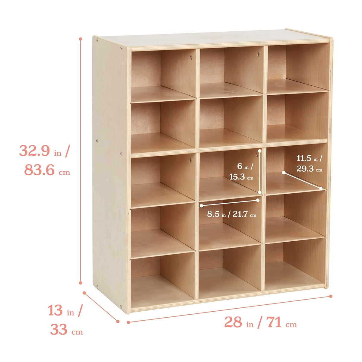 ECR4Kids Streamline 15 Cubby Tray Storage Cabinet, 5x3, Classroom Furniture, Natural