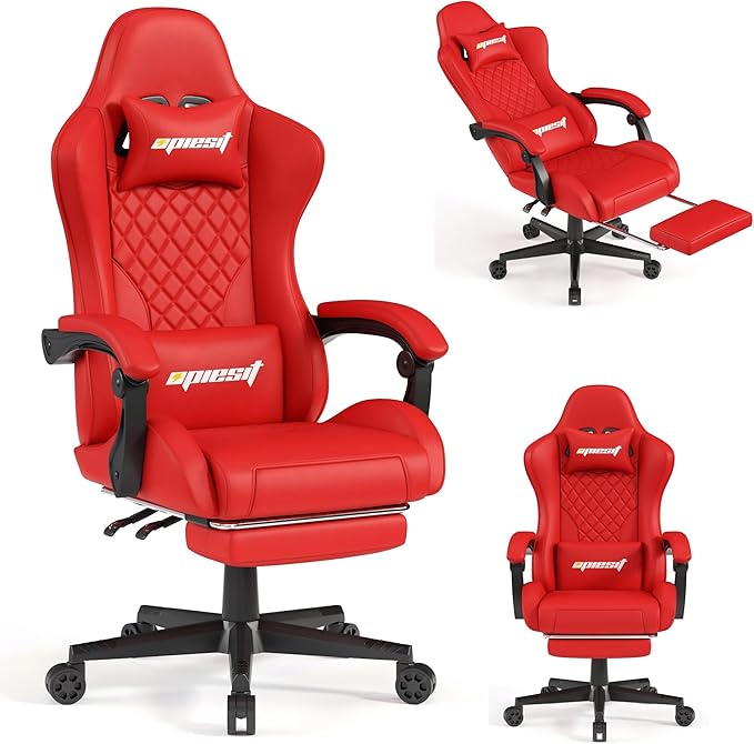 Gaming Chair,Ergonomic Computer Chairs for Adults with Footrest, PU Leather Office Chair with Adjustable Lumbar Support & Pocket Spring Cushion - Heavy Duty 400lb Capacity Gamer Chair (Red)