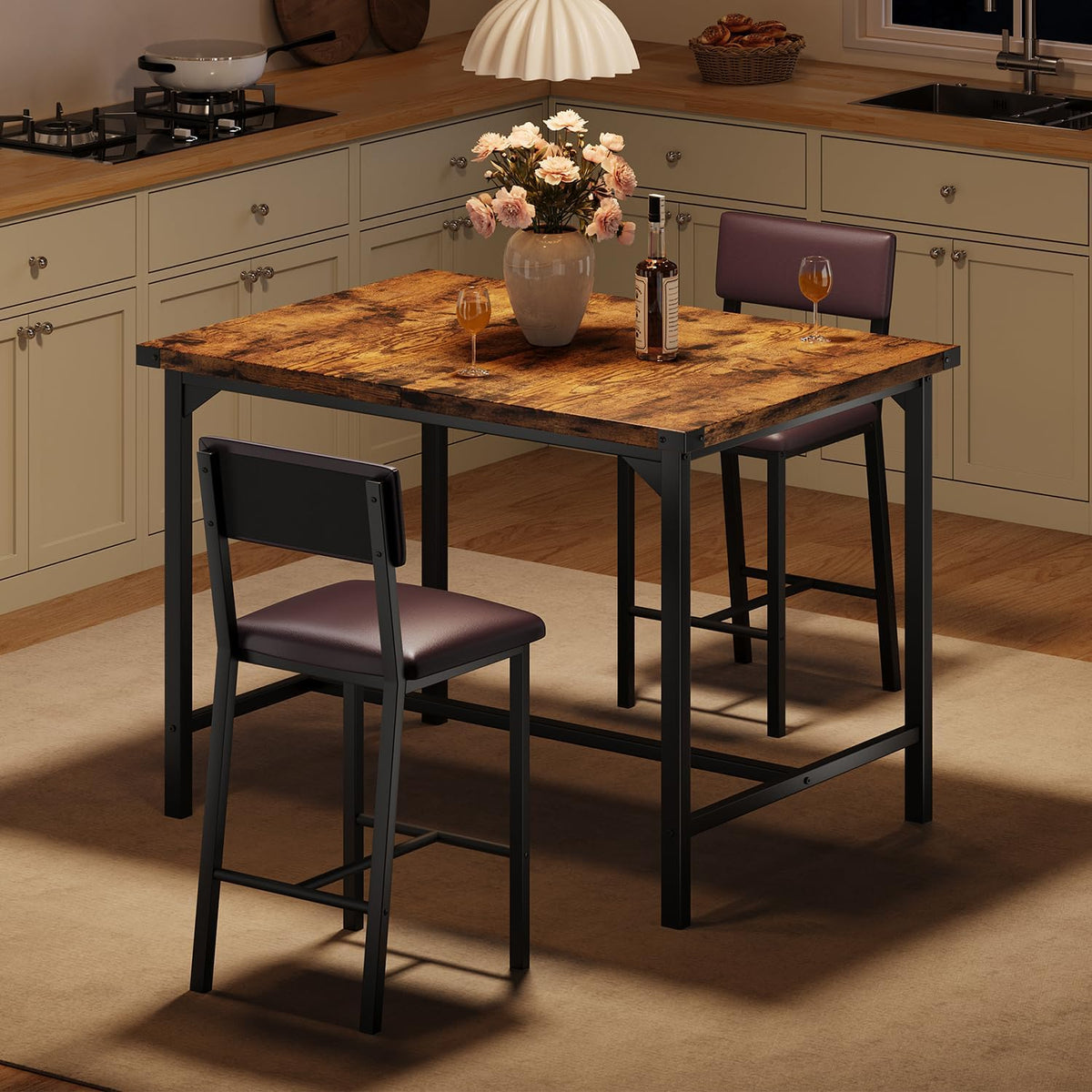 IDEALHOUSE Dining Table Set for 2 w/Counter Height Table & 2 Upholstered Bar Stools, 3-Piece Kitchen Table Set with Footrest & Corner Protector, for Kitchen Room, Apartment, Pub