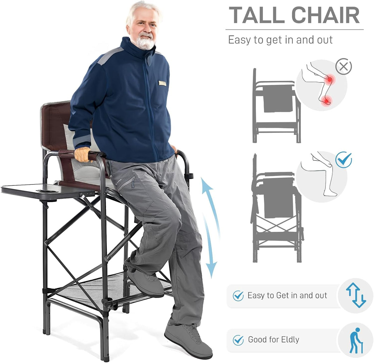 EVER ADVANCED 30.7" Seat Height Directors Chair for Makeup Artist with Side Table Easy Get in Out for Elderly Tall Camping Chair Supports 350lbs Red