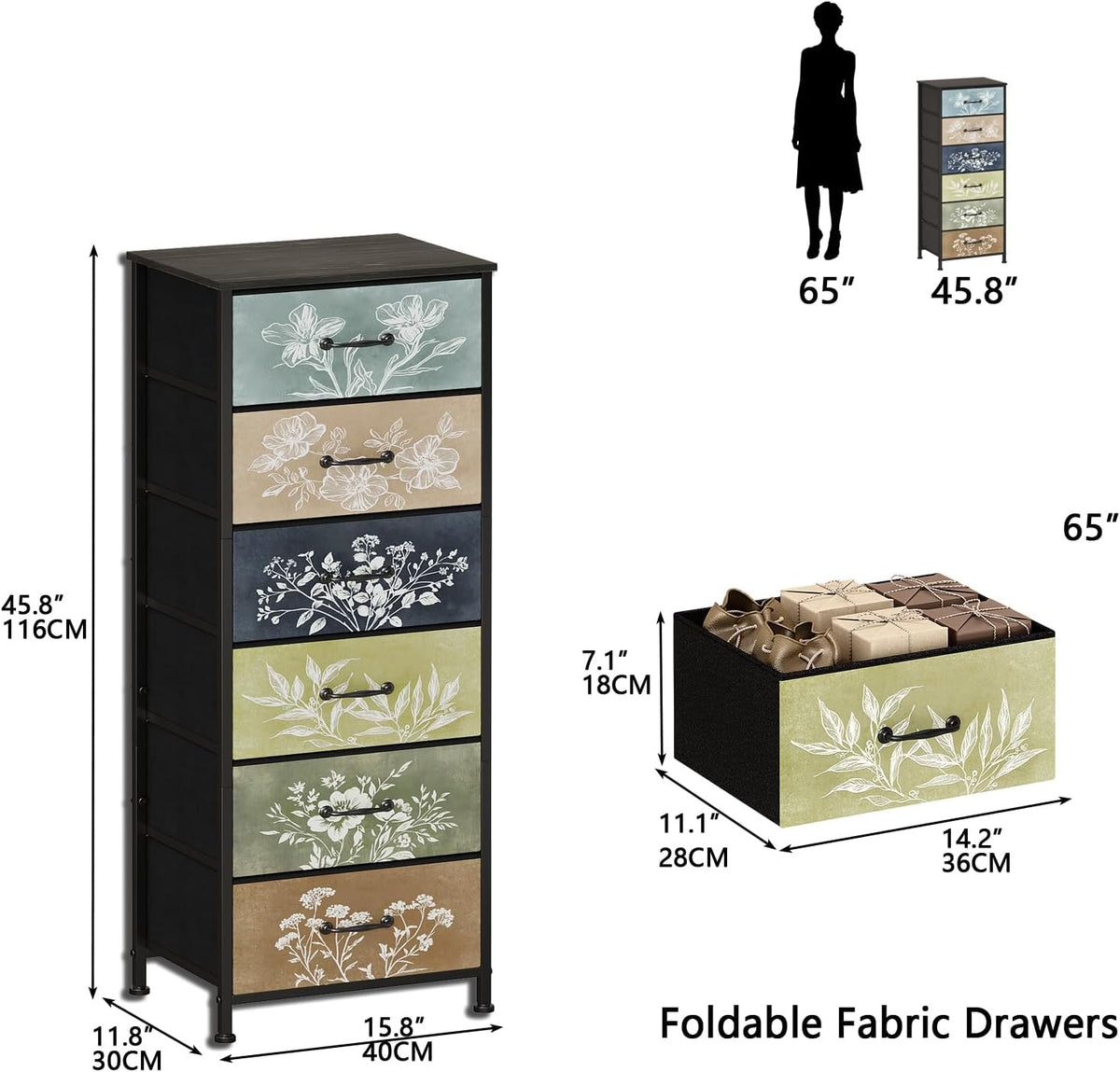 Tohomeor Vintage Dresser Vertical Nightstand with Neutral Botanical Plant Fabric Chest Drawers for Closet Bathroom Storage Tower Unit Bed Side Organizer Farmhouse Rustic (Multi, 6 Drawers)