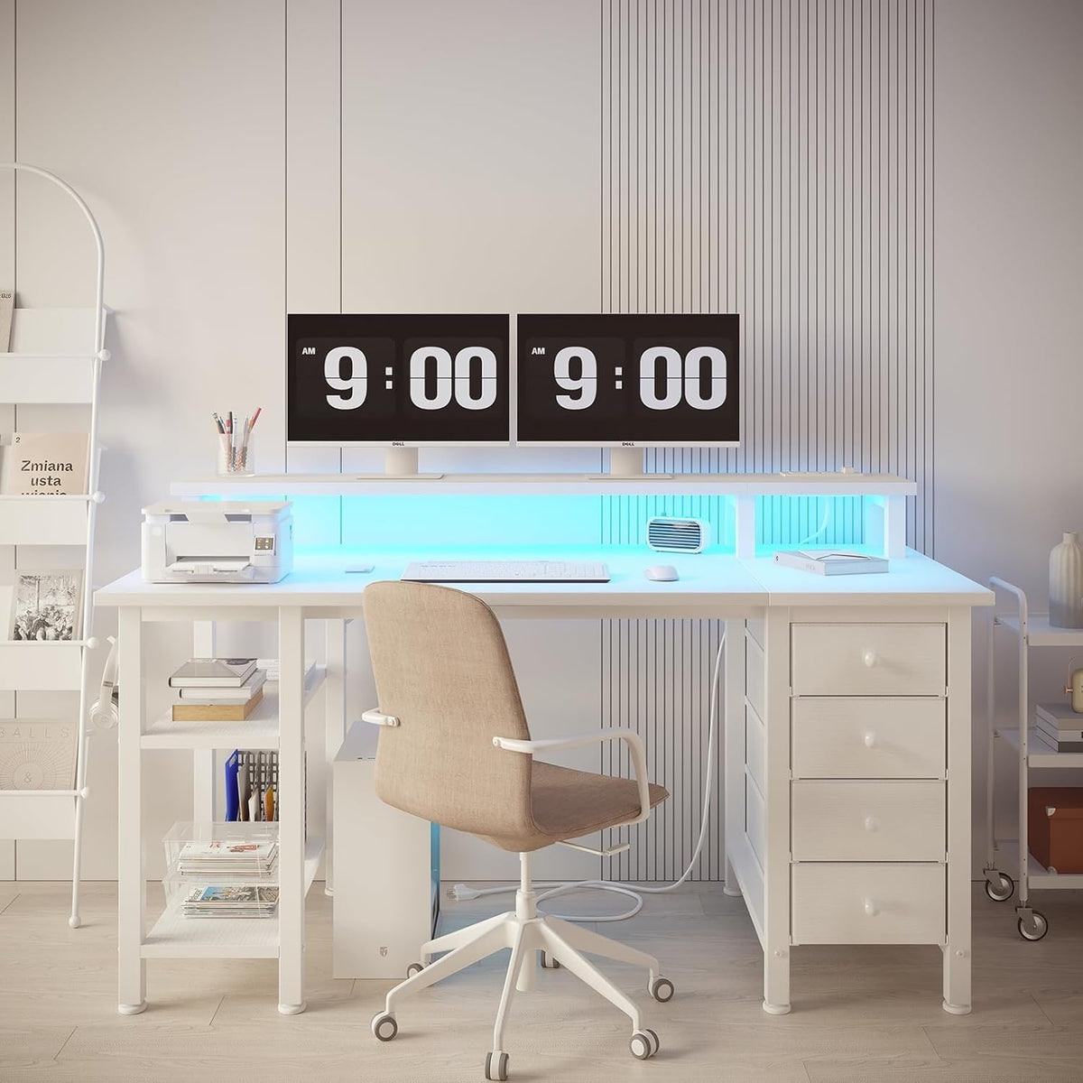 Lufeiya White Desk with Drawers Storage - 47 inch Home Office Computer Gaming Desks with Monitor Stand LED Lights and Power Outlets, White