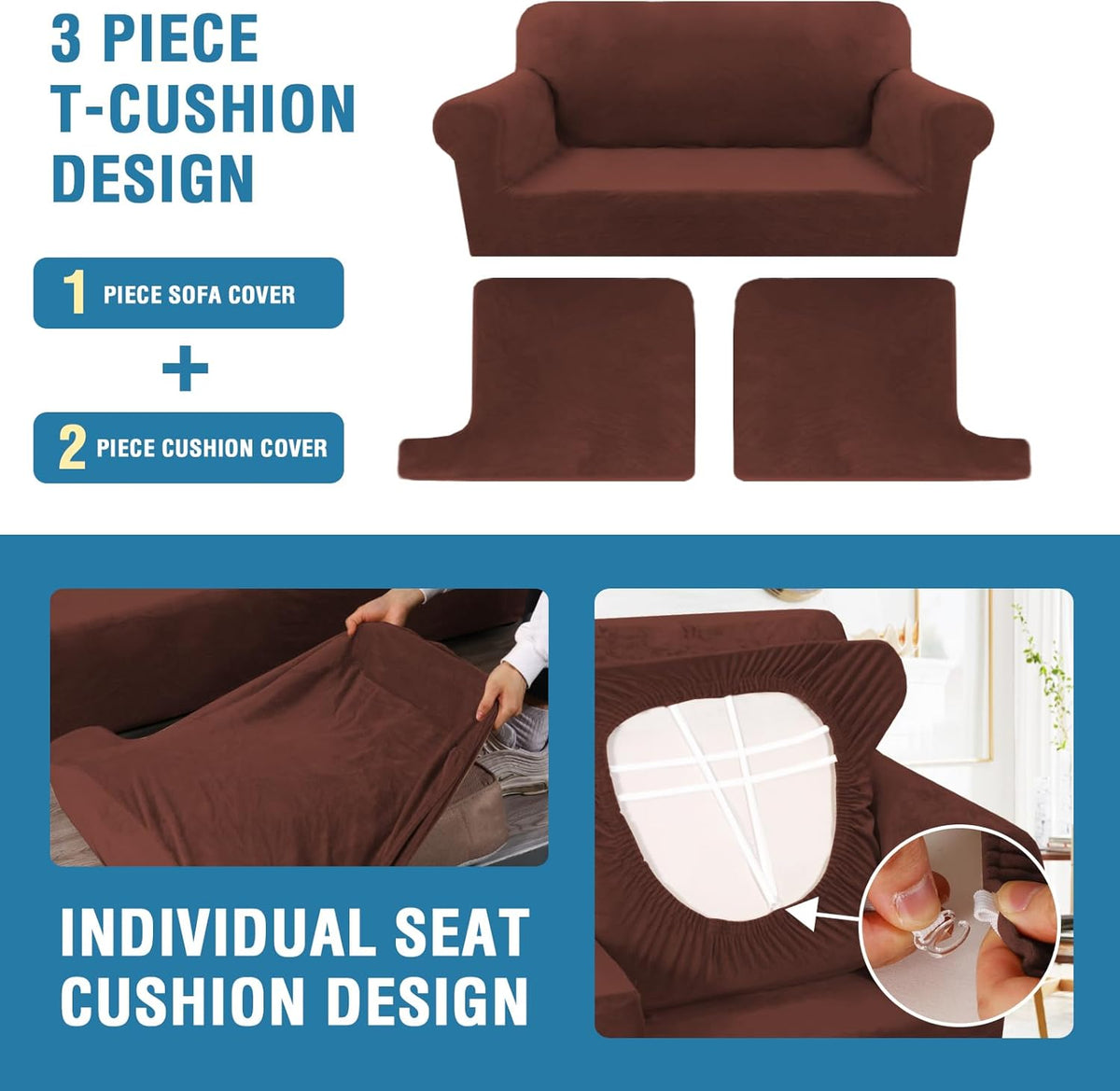 H.VERSAILTEX Sofa Cover 3 Piece T Cushion Loveseat Slipcovers Thick Velvet Couch Cover Stretch T Cushion Sofa Covers for 2 Cushion Couch with 2 Individual T Cushion Covers, Burnt Brick