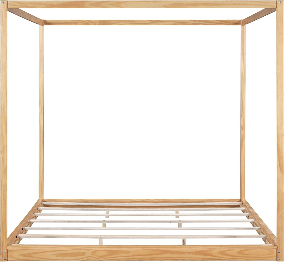 King Size Canopy Platform Bed with Support Legs,Solid Wood Bed Frame,4-Post Canopy-Platform-Bed for Kids Teens Adults, No Box Spring Needed,Natural
