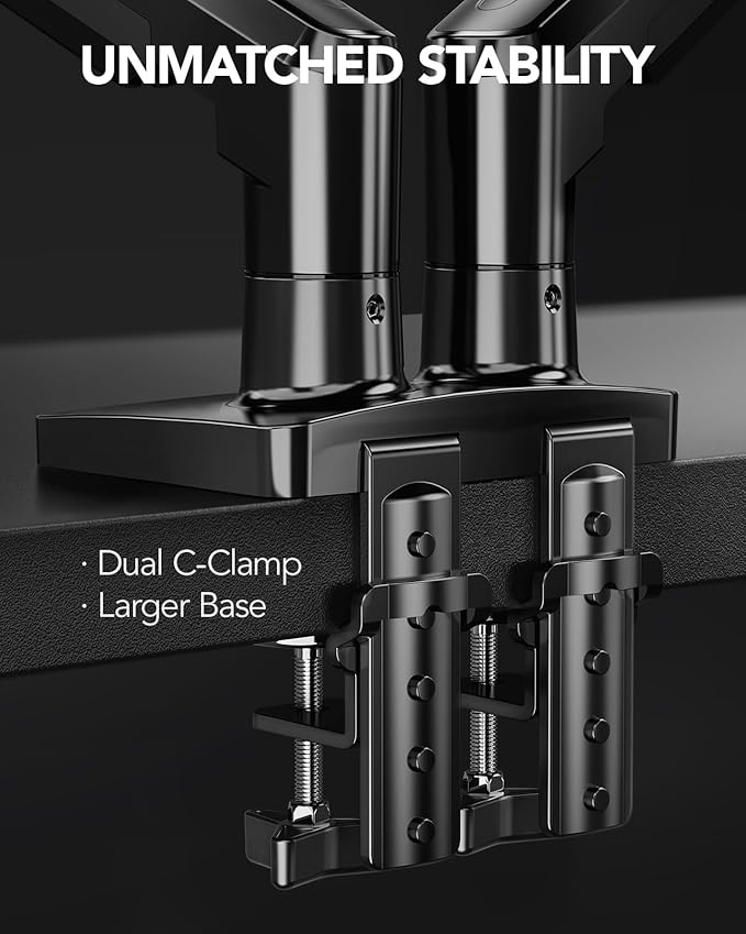 HUANUO Dual Monitor Stand, Fully Adjustable Gaming Monitor Desk Mount for 13–32″ Computer Screens, Full Motion VESA 75x75/100x100 with C-Clamp & Grommet Base, Each Arm Holds 4.4 to 19.8 lbs