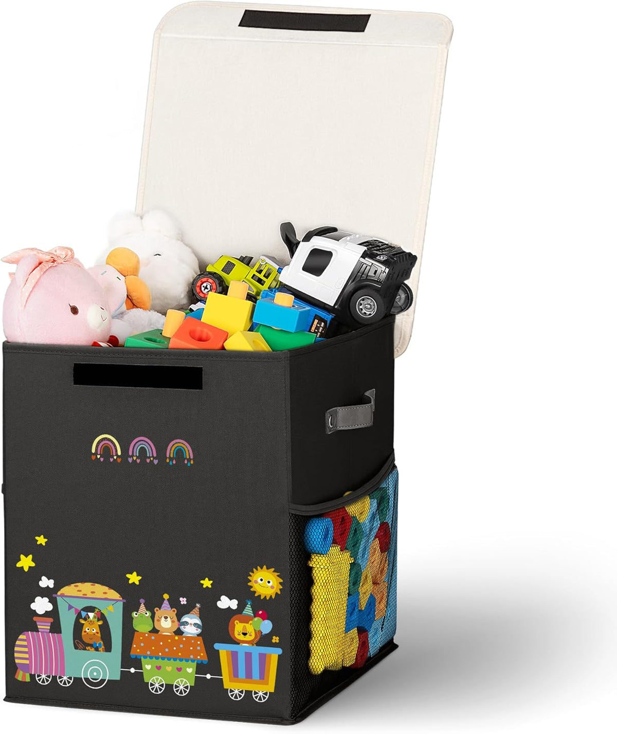 40L Large Toy Storage Box with Lid, Large Toy Box Chest for Kids, Girls and Boys, Nursery Room and Living Room, 13"x13" x16" (black-train)
