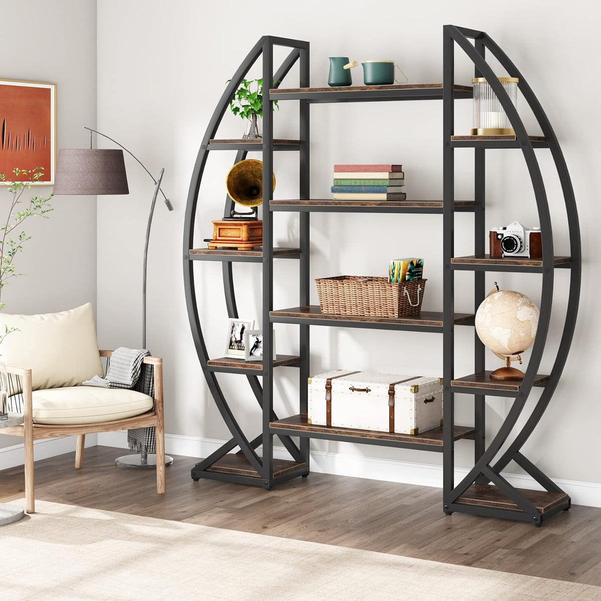 Tribesigns Oval Bookshelf, Triple Wide 5 Tier Etagere Bookcase, Industrial Display Shelves for Living Room (Brown, 55")