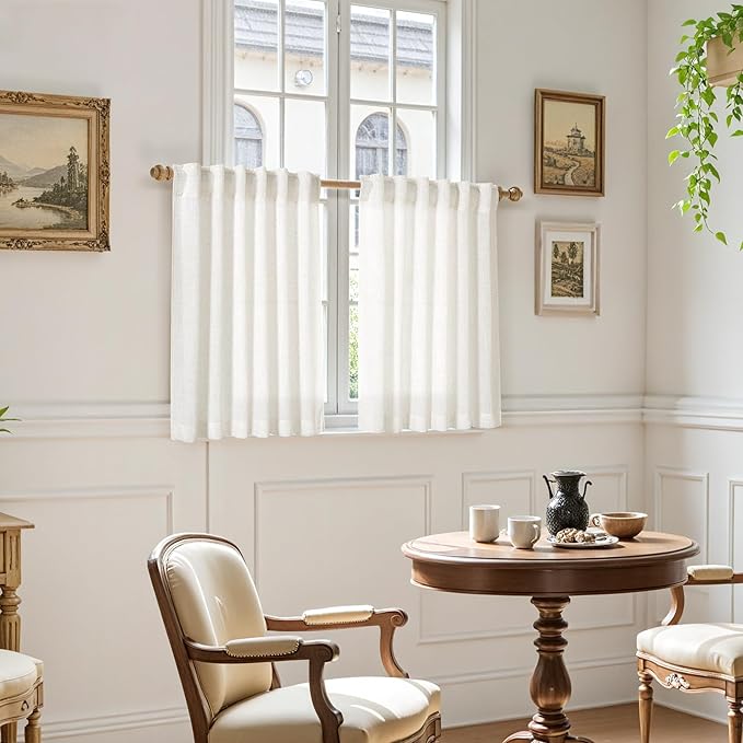 Beige White Linen Curtains for Kitchen Windows Over Sink Neutral 30 Inch Length
