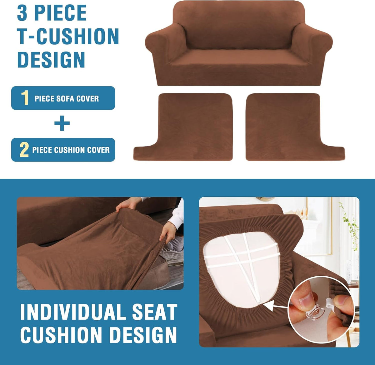 H.VERSAILTEX Sofa Cover 3 Piece T Cushion Sofa Slipcovers Thick Velvet Couch Cover Stretch T Cushion Sofa Covers for 2 Cushion Couch with 2 Individual T Cushion Covers Washable, Caramel