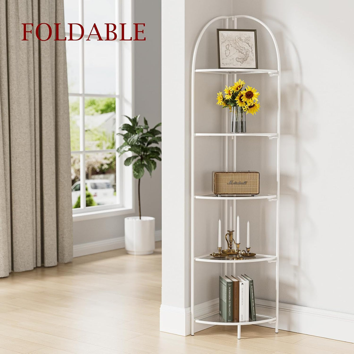 Crofy Foldable 5 Tier Corner Shelf, Metal Corner Plant Stand with White Frame and Transparent Shelves, Corner Display Rack Multipurpose Shelving Unit for Living Room, Bedroom, Bathroom