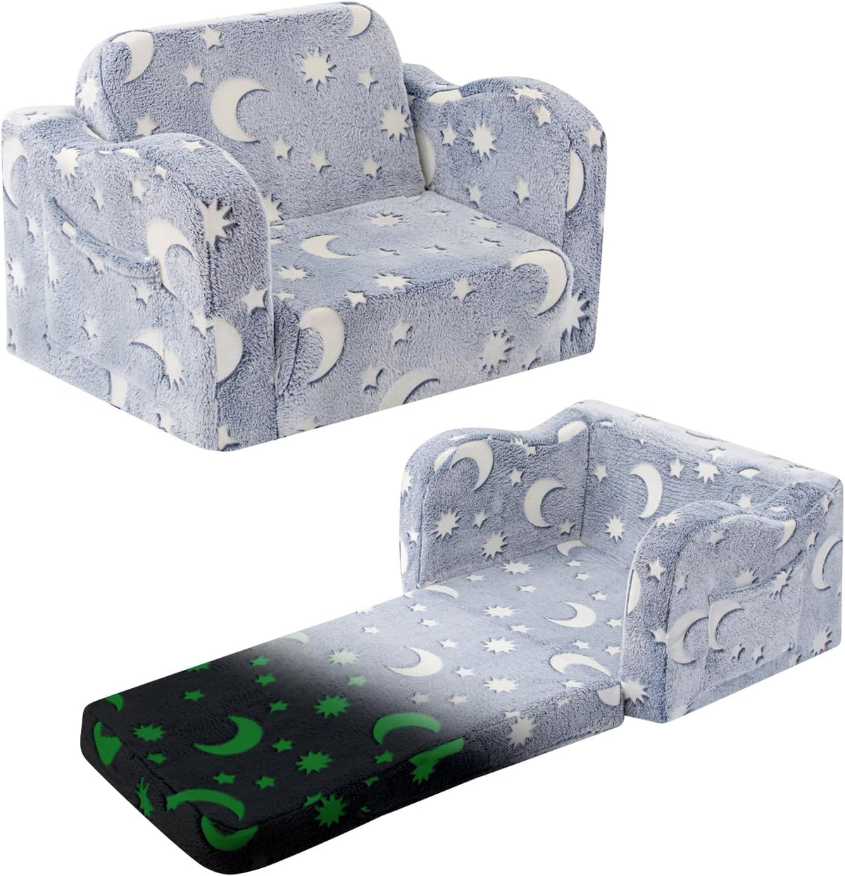 Kids Toddler Chair, 2-in-1 Toddler Couch Fold Out, Convertible Chairs for Toddlers Comfy Sofa to Lounger with Glow in The Dark Feature, Soft for Girls and Boys, Glowing Starry Sky